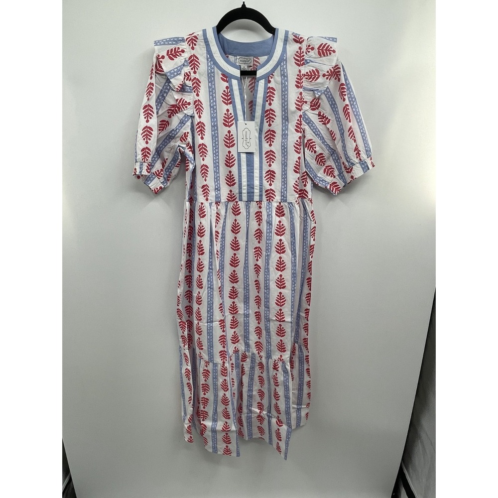 Mud Pie White Dress with Red Leaf Print and Blue Stripes